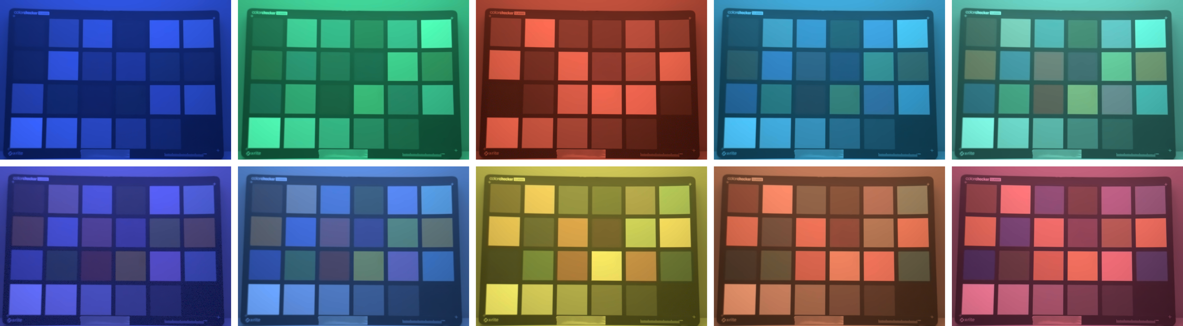 A ColorChecker chart photographed under ten different LED illuminants, showing strong and varied color casts