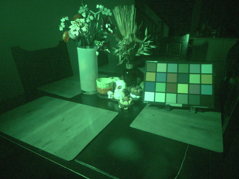 potted plants on a table under green LED
